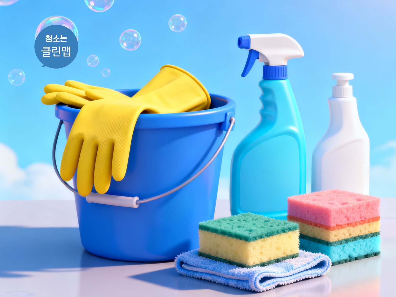 양동이·세제·스프레이 청소도구 3D 정물